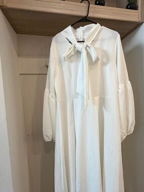 Tie-Neck Long Sleeve White Midi Dress